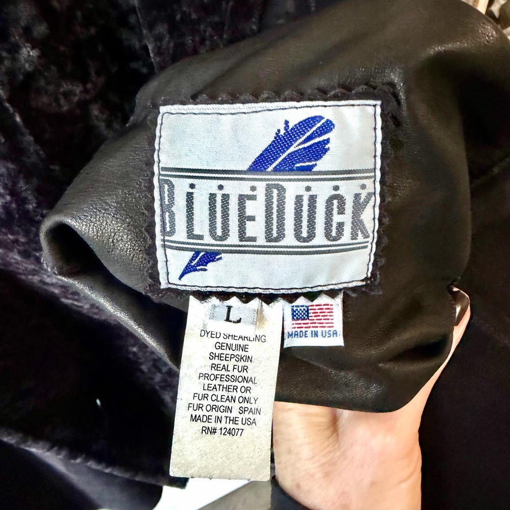 Real Shearling Reversible Solid Navy Jacket Sz L - image 5